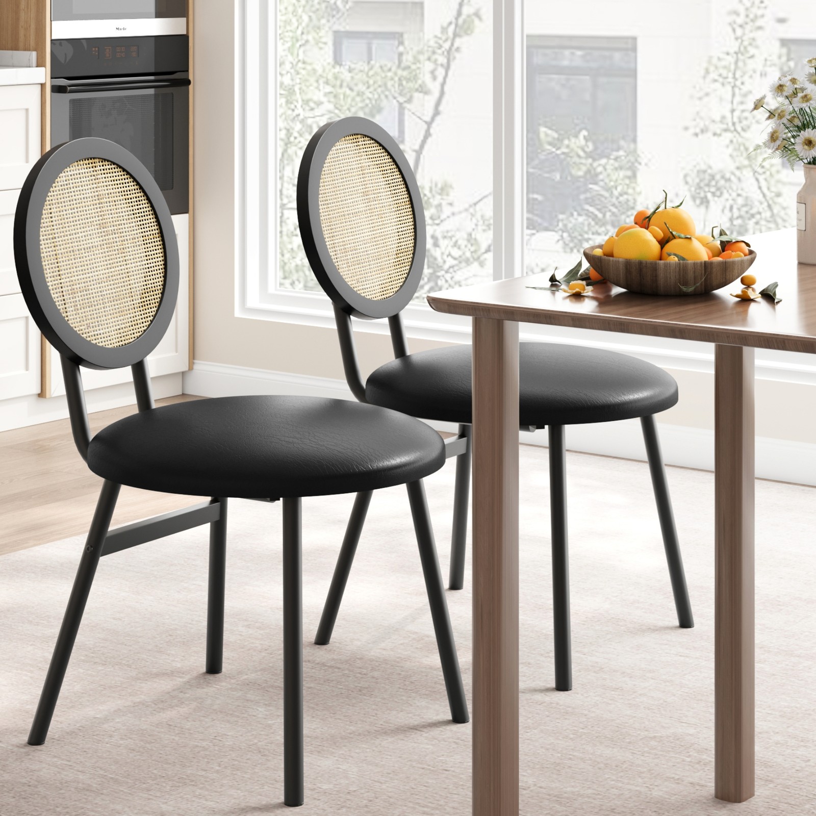 2/4 Pack Round Rattan Chairs Faux Leather Padded Seat Chairs for Dining Room US