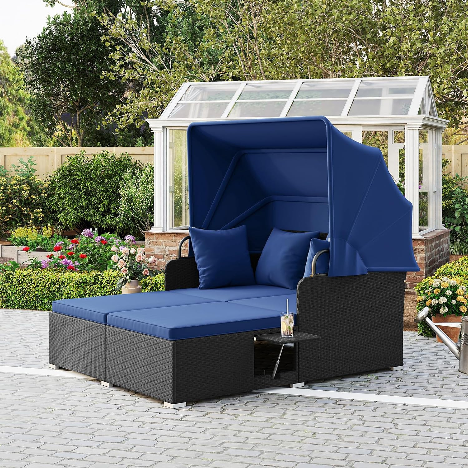 Outdoor Daybed, 2-Person Wicker Patio Sofa with Retractable Canopy, Cushions & P