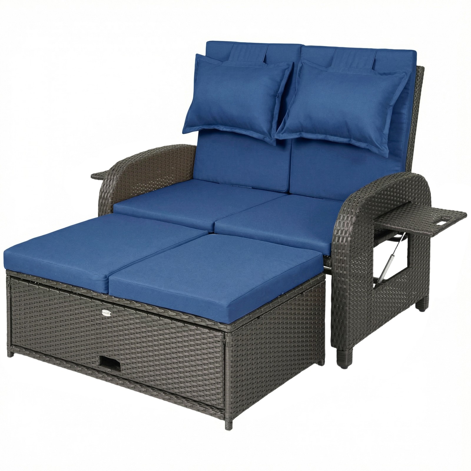 Outsunny Outdoor Patio Rattan Daybed w/ Storage Ottoman, Navy Blue