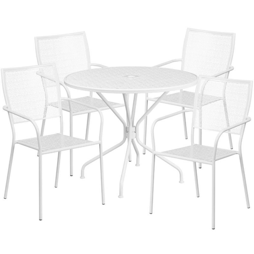 Bowery Hill 5 Piece 35″ Round Steel Flower Print Patio Dining Set in White