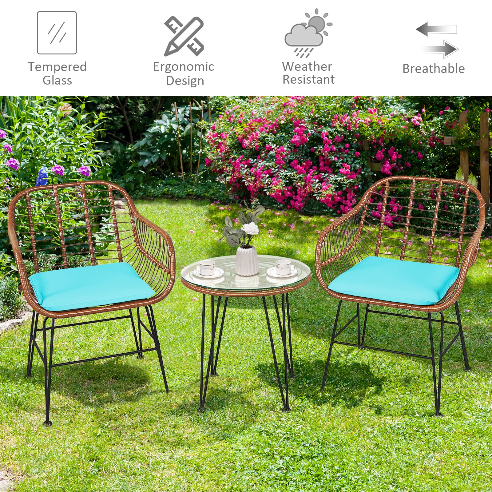 Costway 3PCS Patio Rattan Bistro Set Table Armchair Garden Turquoise Cushion