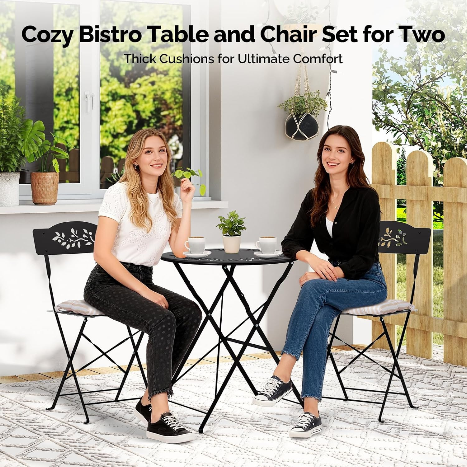 Outdoor Folding Bistro Table and Chairs Set of 2, 3-Piece Bistro Set with Olive