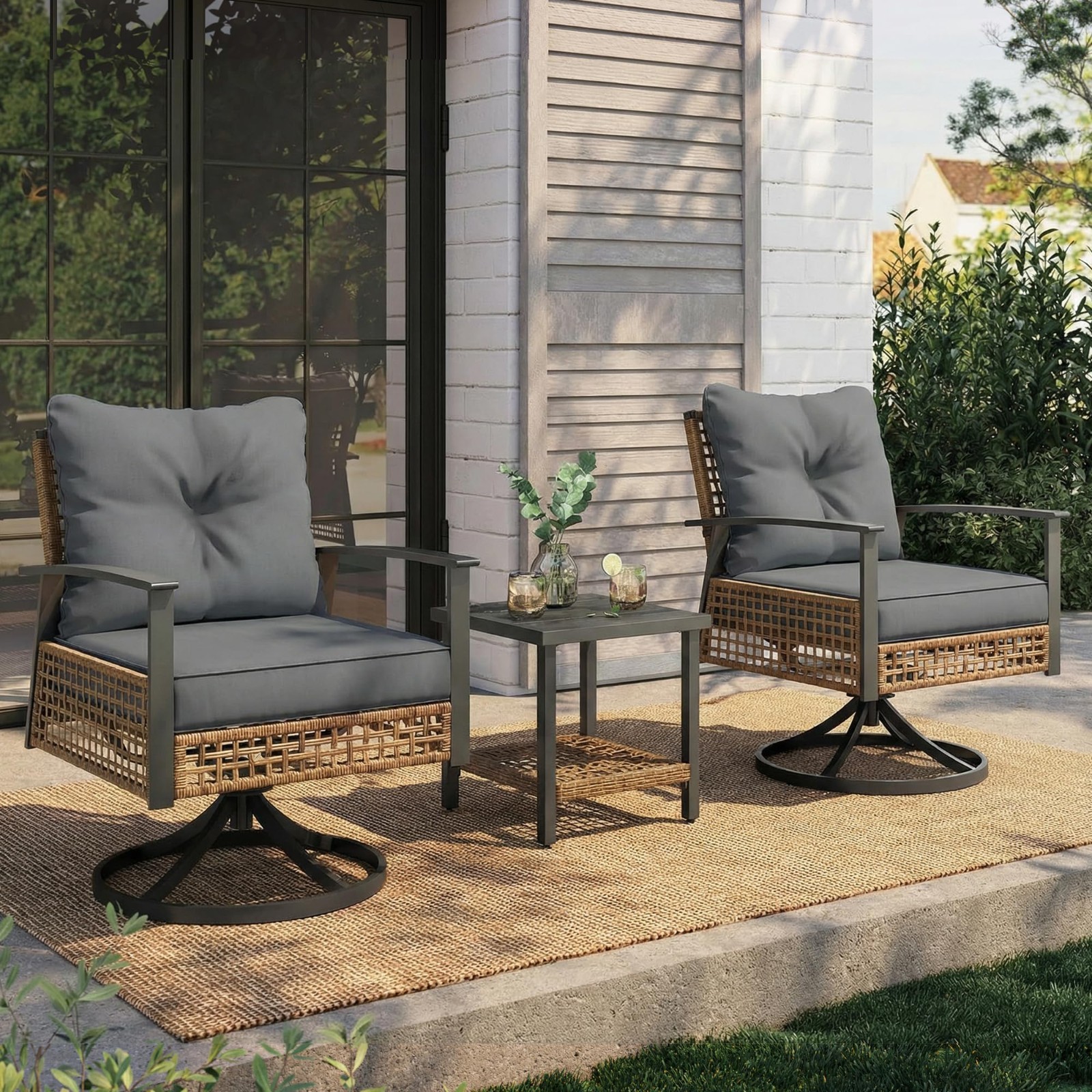 3-Piece Wicker Outdoor Rocking Bistro Set for Porch & Backyard