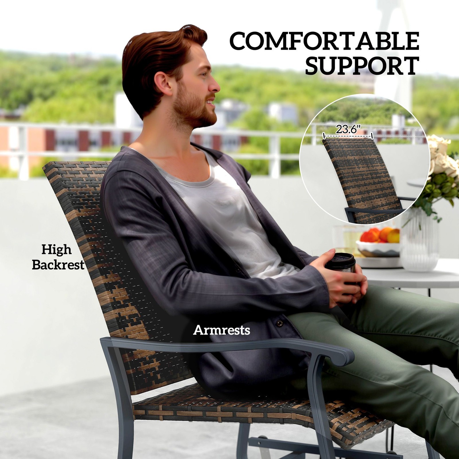 PE Wicker Glider Set of 2, Powder-Coated Steel, High Back, Brown, Outdoor
