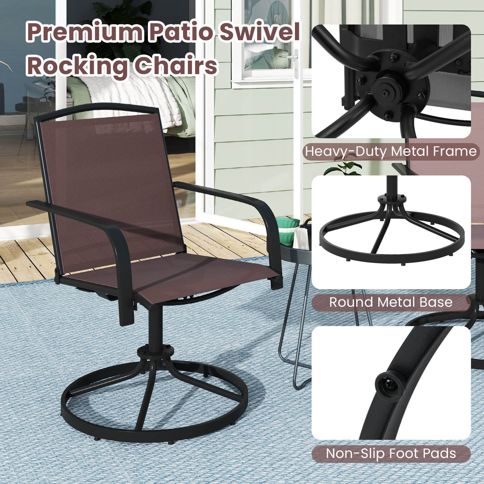 Patio Swivel Chairs 2PCS w/ High Back & Round Metal Base for Backyard