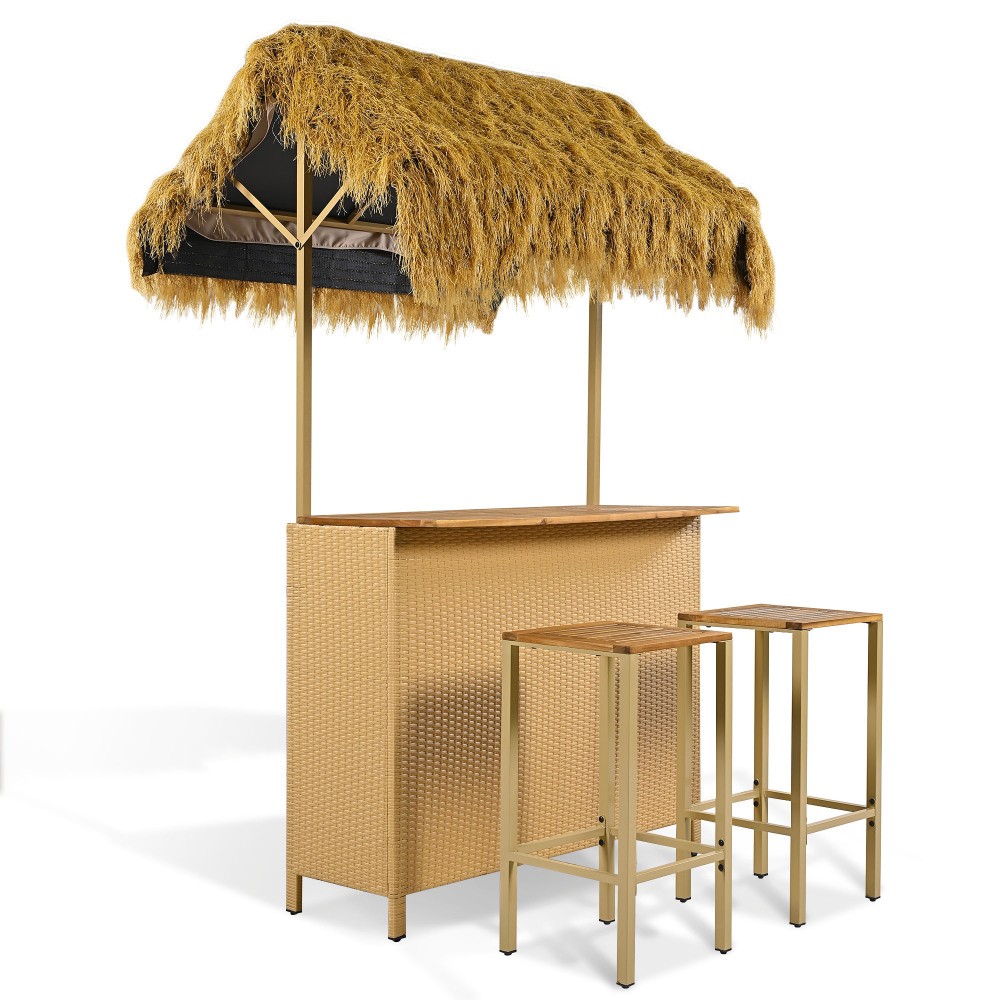 2-Piece Outdoor Tiki Bar Set w/ Adjustable Feet & Storage Space, Acacia Wood Top