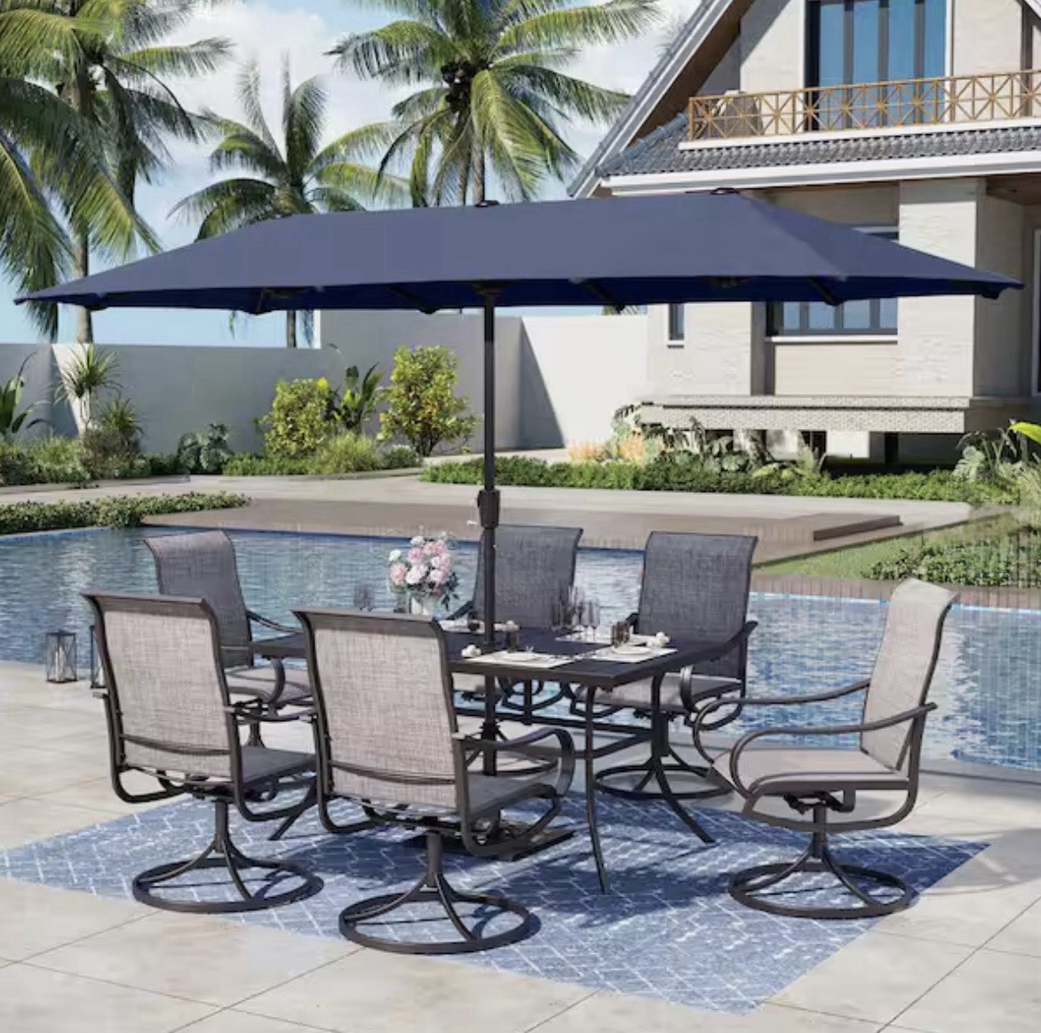 8-Piece Patio Dining Set: Rect Metal Table, 6 Swivel Chairs, Blue Umbrella