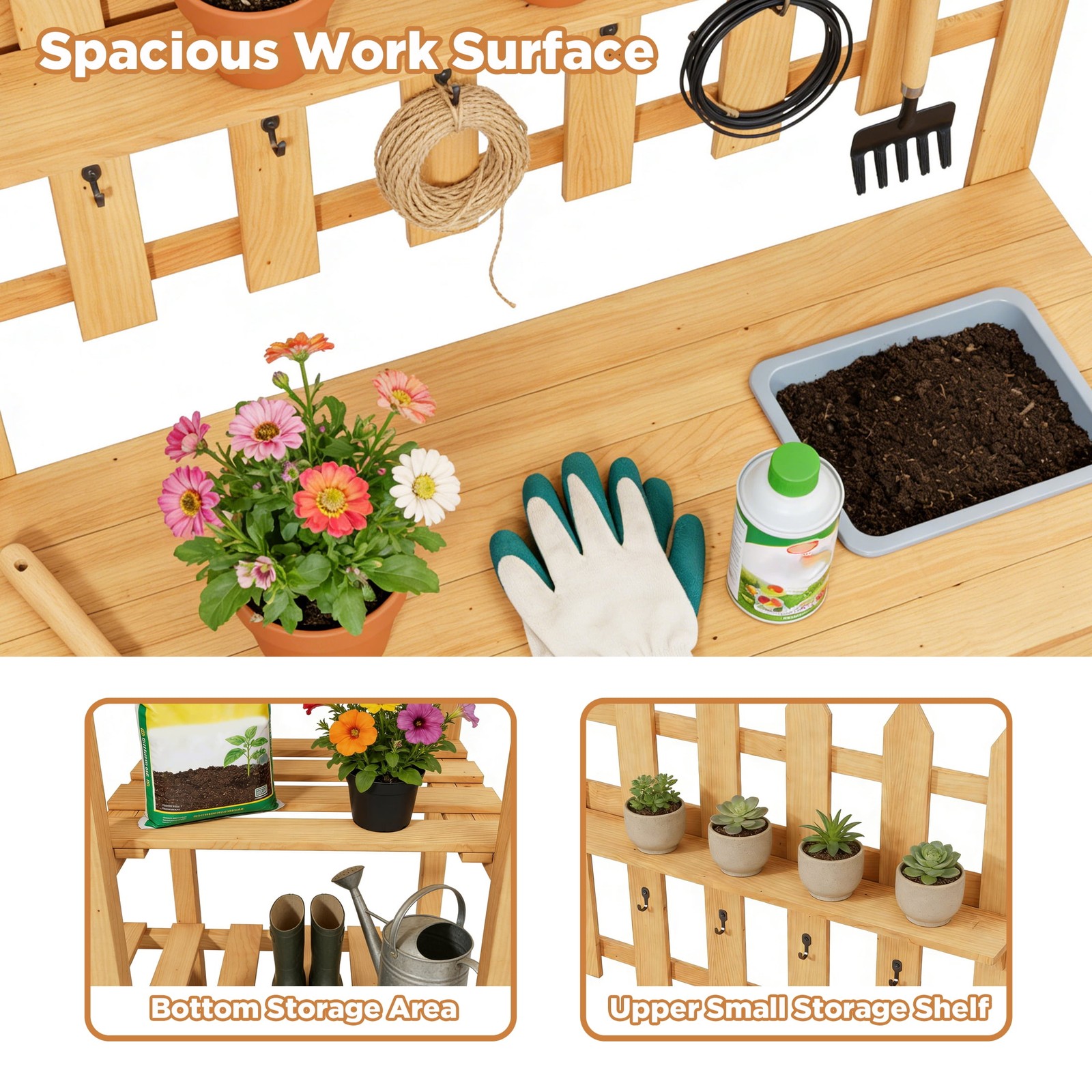 Wooden Potting Bench with Sink Outdoor Potting Table Drawer Open Storage Shelf