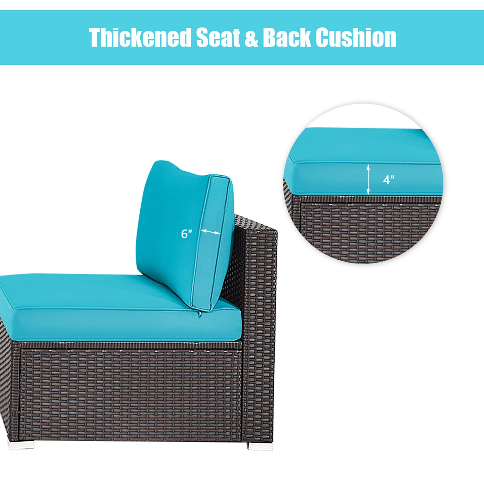2PCS Patio Wicker Rattan Sectional Armless Chair Sofa w/ Turquoise Cushion