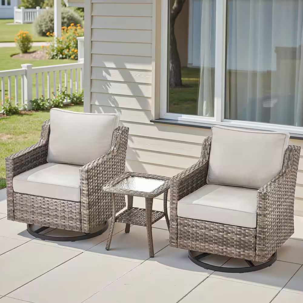 Hort 3-Piece Gray Wicker Outdoor Rocking Chair Set Patio Swivel Glider Lounge Ch