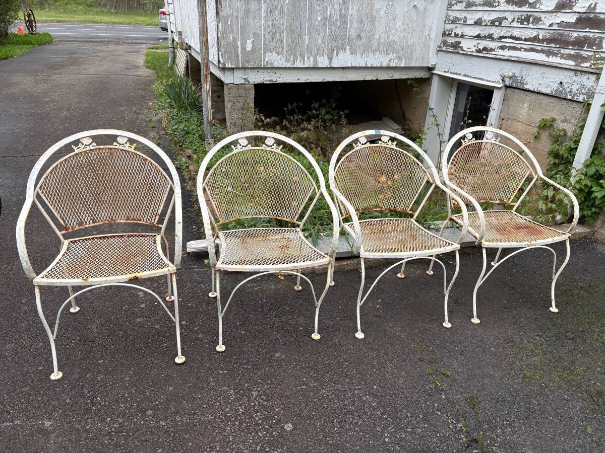 Antique Set of (4)Wrought Iron Barrel Back Mesh Seats Patio Chairs