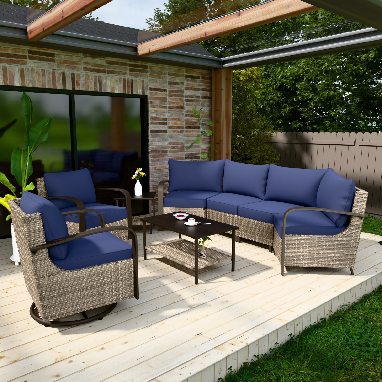 EAGLE PEAK 7 pcs Outdoor Half-Moon Curved Wicker Patio Conversation Set