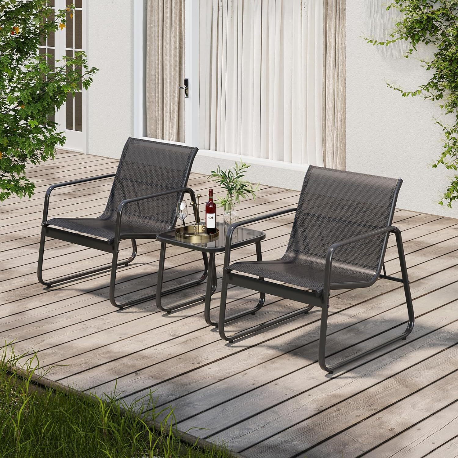 “Gizoon 2-Piece Patio Set with Chairs & Glass Table, Metal Frame, Black”