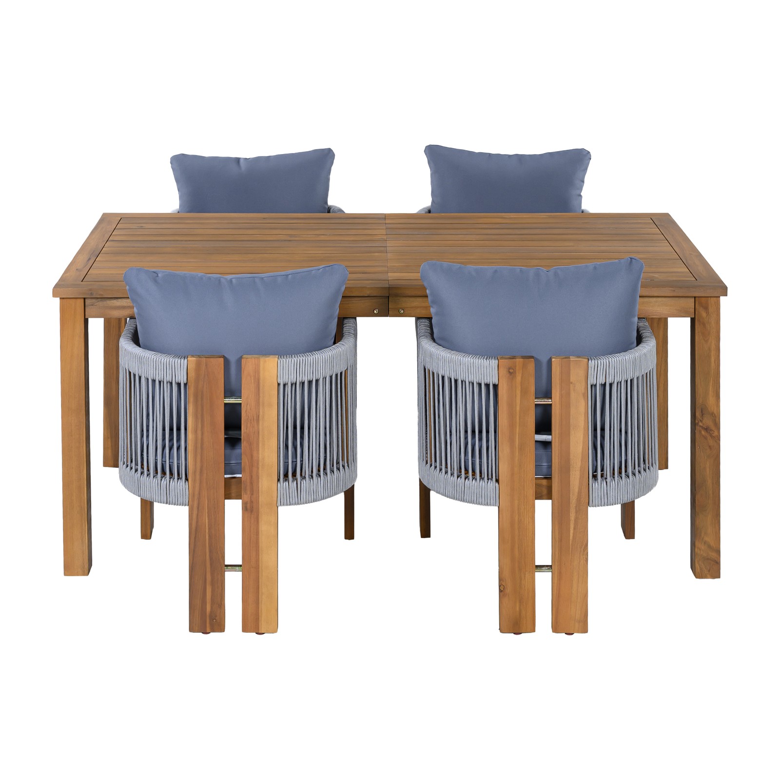 Acacia Wood Outdoor Dining Set with Cushions, Seats 4, Rope Chairs