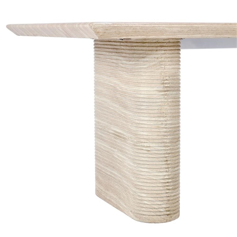 Pemberly Row 87″ Travertine Beige Stripped Stone Outdoor Dining Table