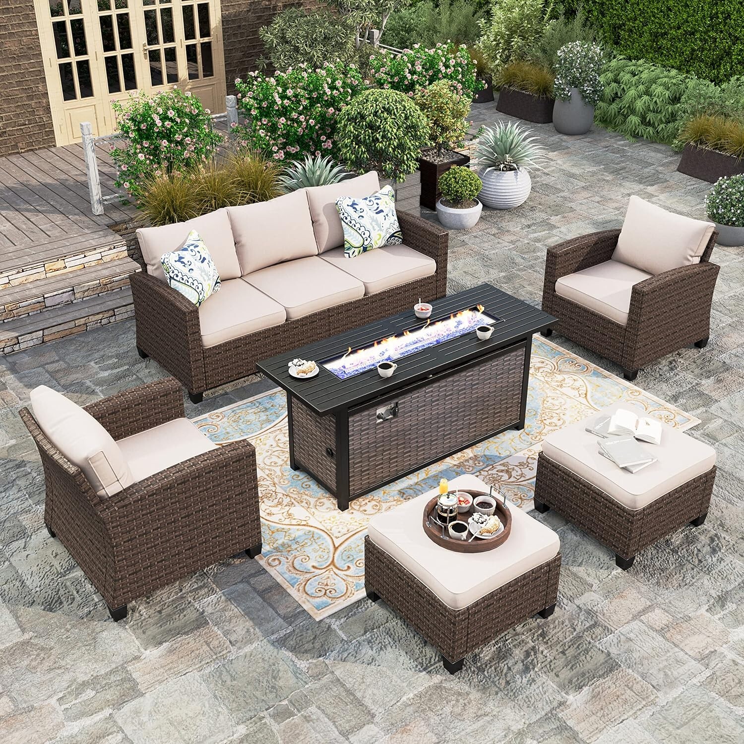 Patio Outdoor Sectional Conversation Set with 56” Fire Pit Table Rattan Sofa