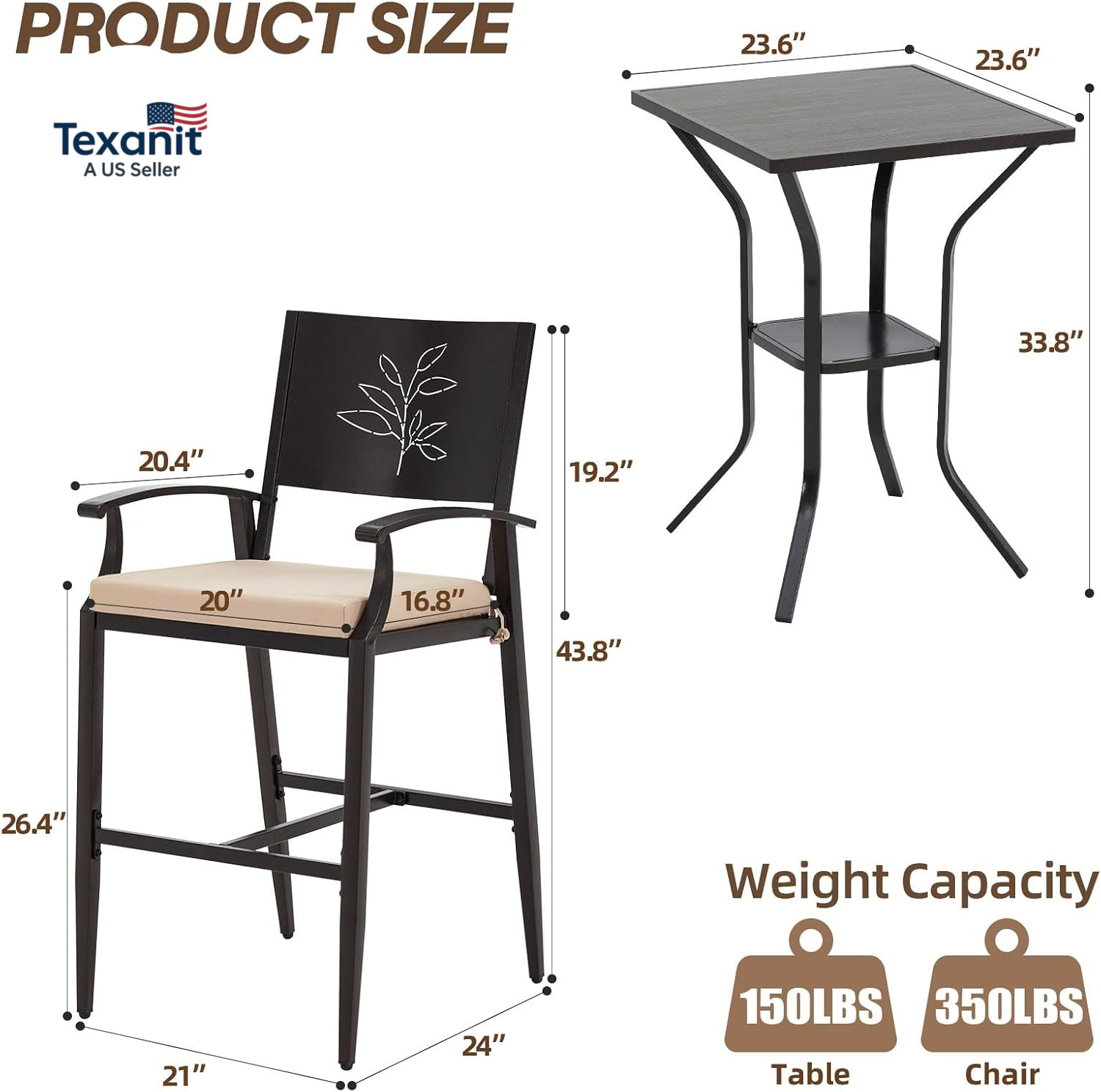 3-Piece Outdoor Bar Set, Bar Height Table and Stools with Stone Crystal Waterpro