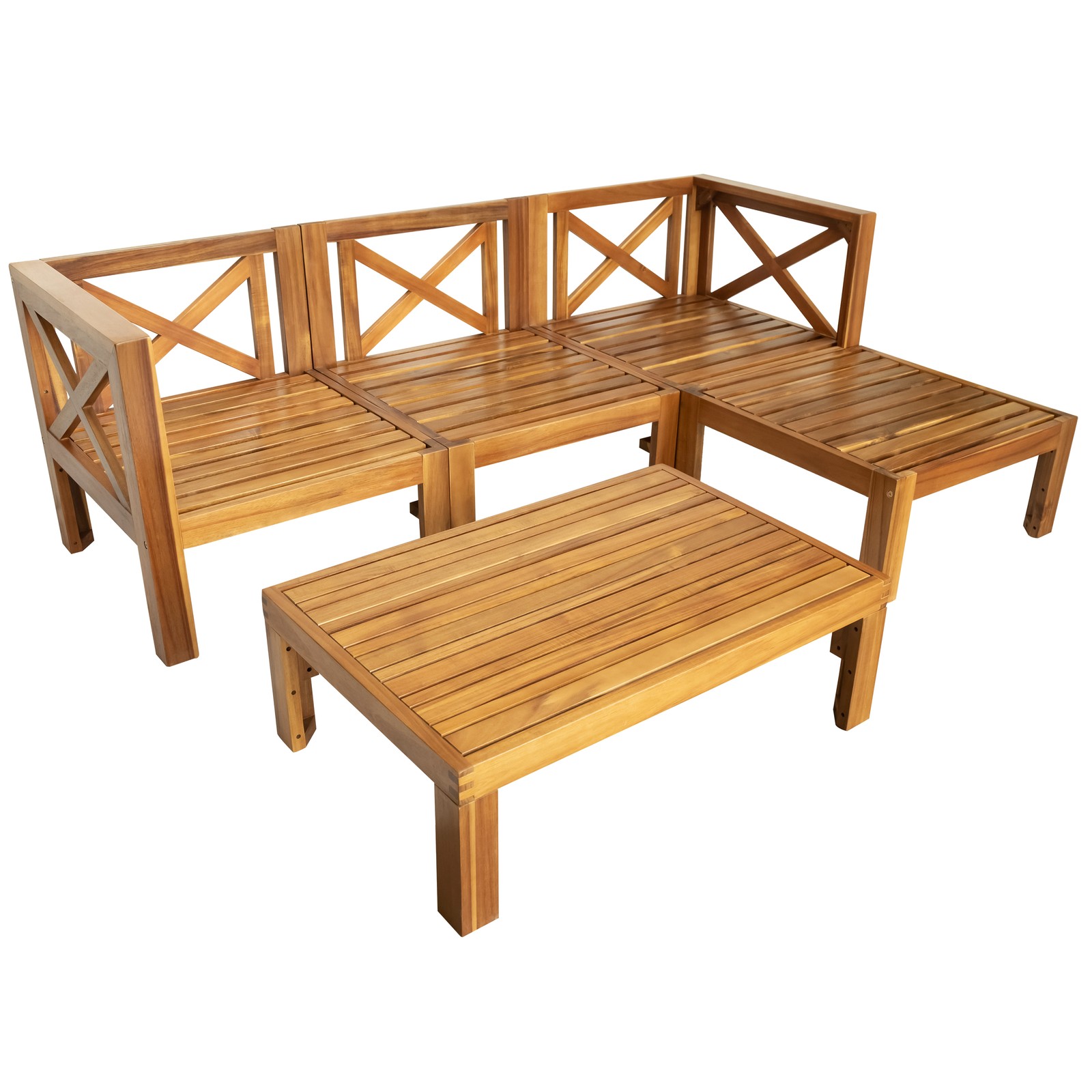 5-Piece Acacia Wood Patio Sectional Sofa Set with Blue Cushions – Natural Finish