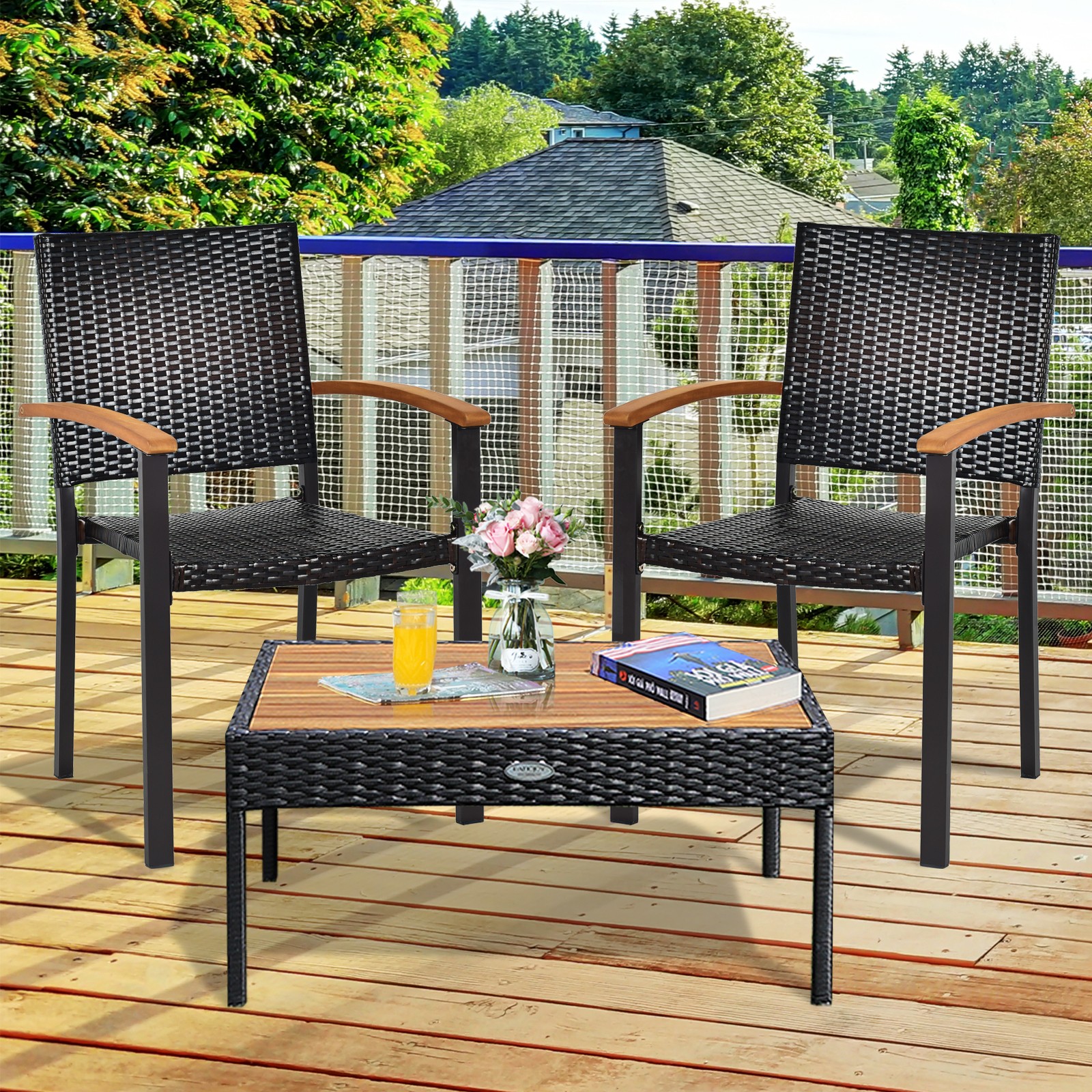 Patiojoy Patio Rattan Dining Armchair 2 Set of Wicker Chair W/Steel Frame