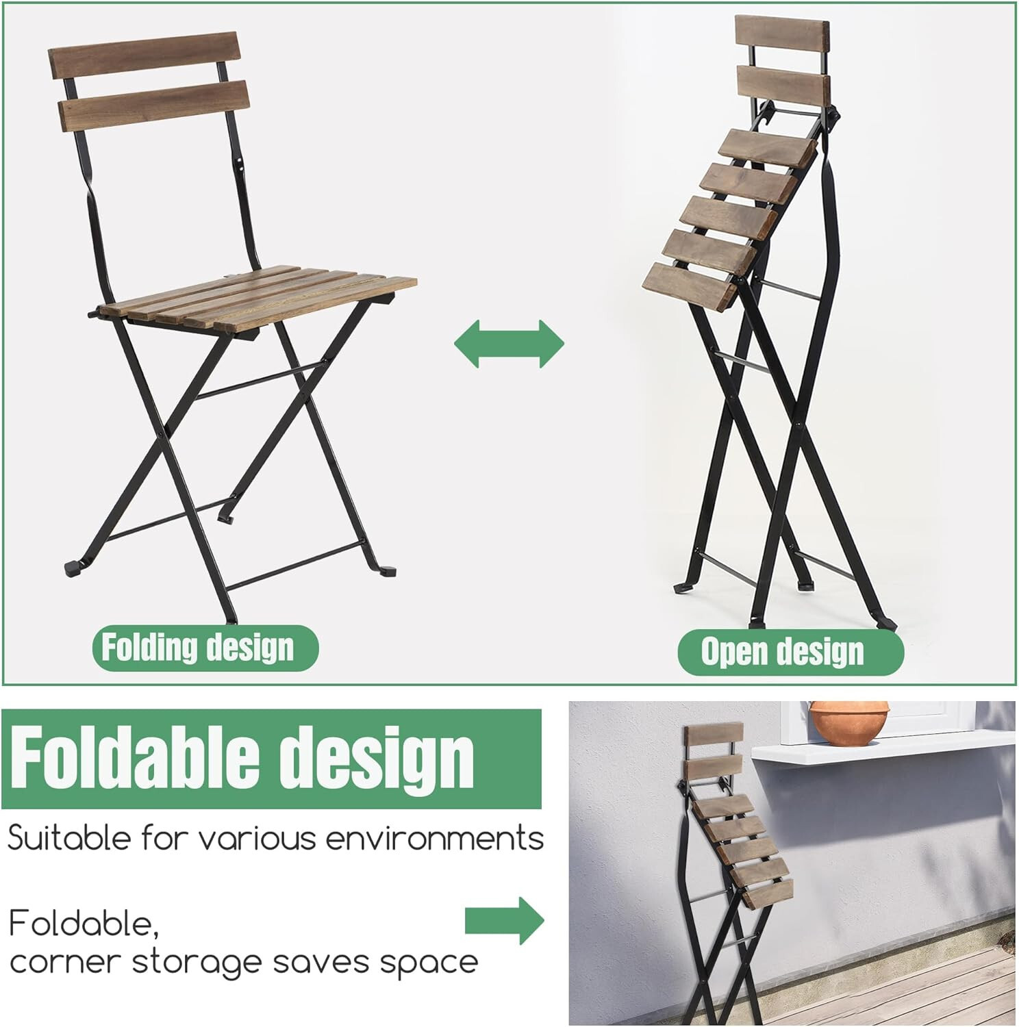 3 Pieces Bistro Set Outdoor Furniture Sets 2Folding Chairs and Table Steel Frame