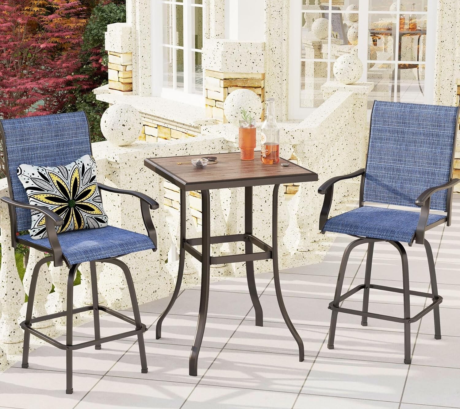 3 PCS Patio Bar Table Chair Set Swivel Bar Height Chair Bar Stools Outdoor Table