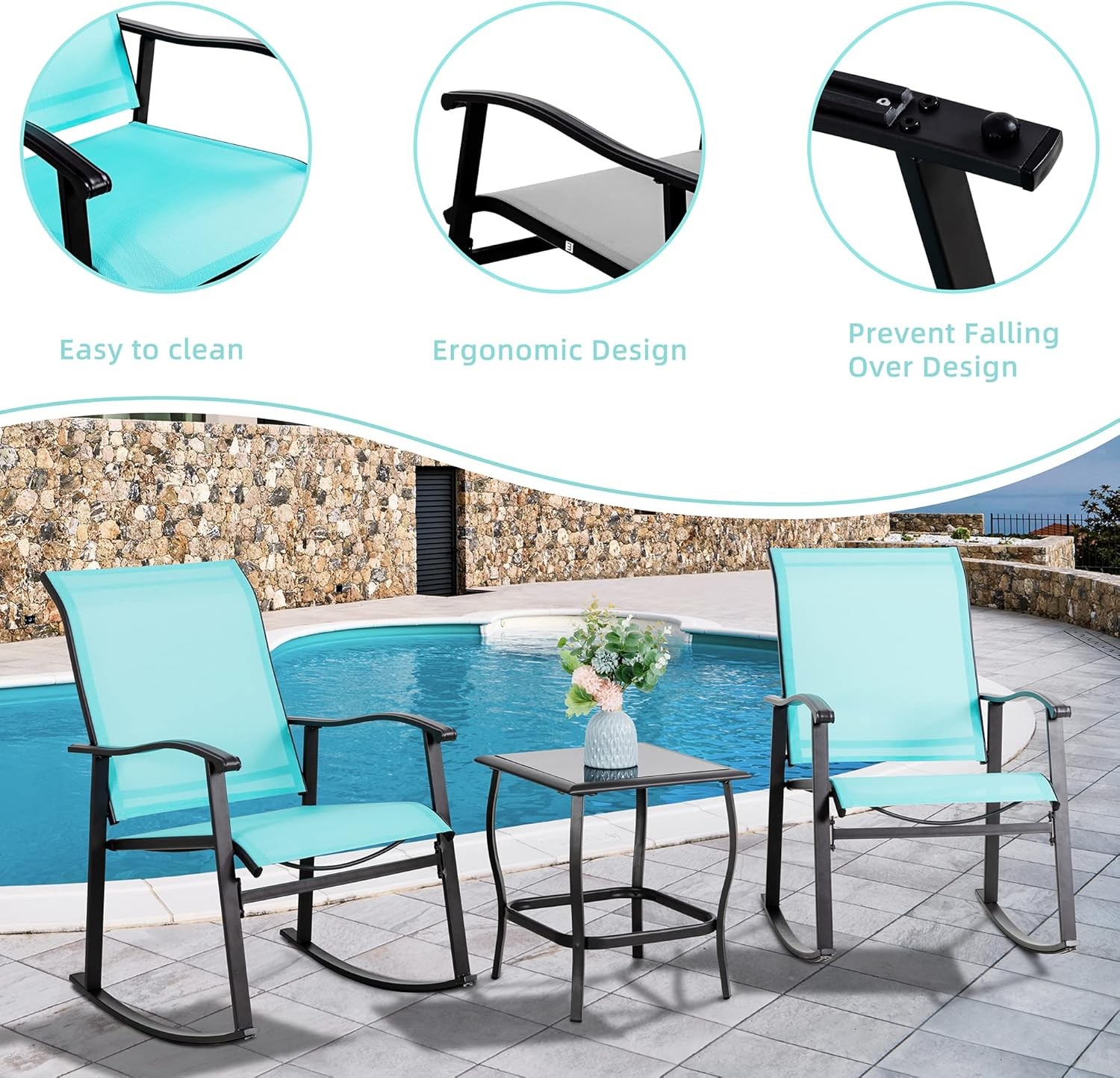 3 Piece Outdoor Rocking Bistro Set Textilene Fabric Small Patio Furniture