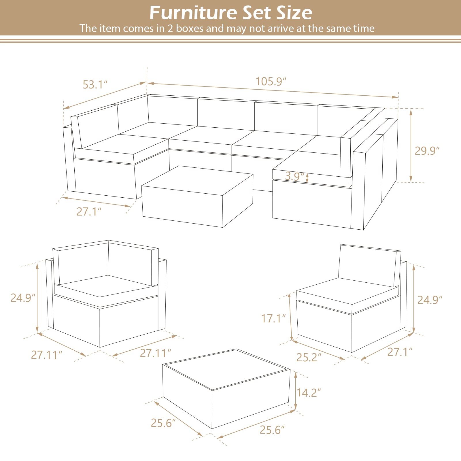 7-Pieces Patio Furniture Set Outdoor Sectional Sofa Rattan Wicker Sofa W/ Table
