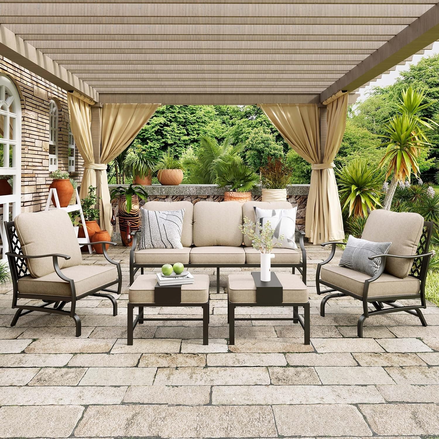 5 PCS Patio Furniture Set Outdoor Conversation Set w/ Rocking Chair for Backyard