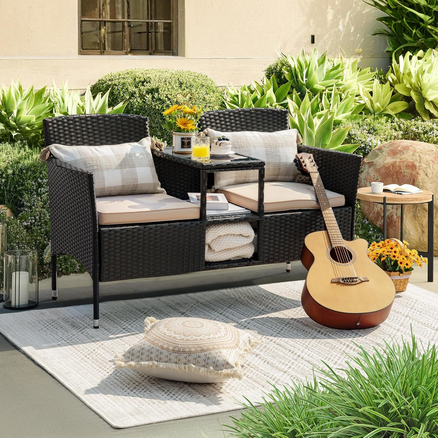 Outdoor Patio Loveseat Modern Rattan 2-Seat Patio Conversation Set with Cushions