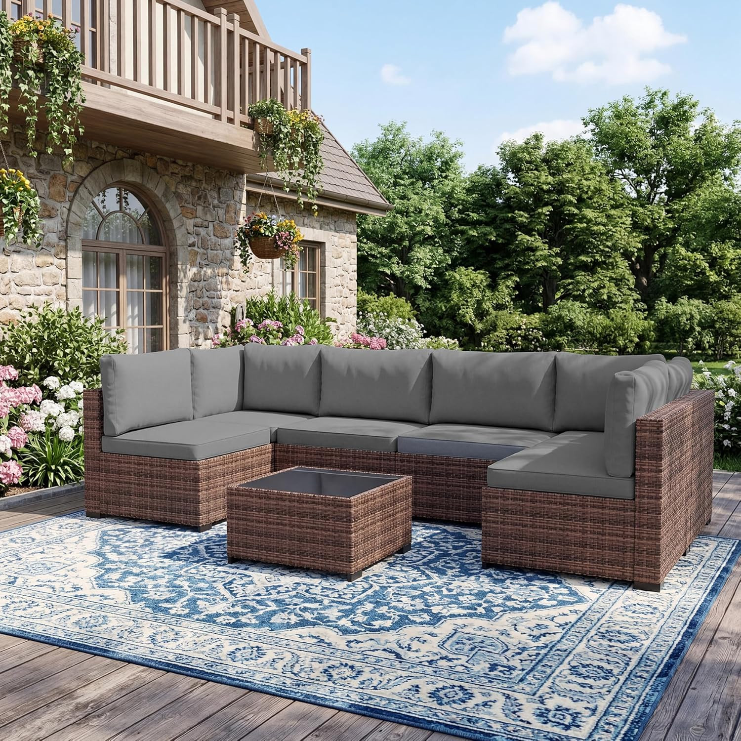 7-Piece Wicker Rattan Patio Furniture Set with Rain Cover – Taupe-Grey