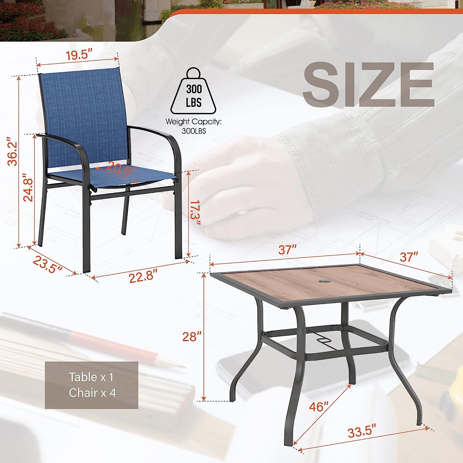 5 Piece Patio Furniture Set Outdoor Dining Set with 4 Dining Chairs Square Table