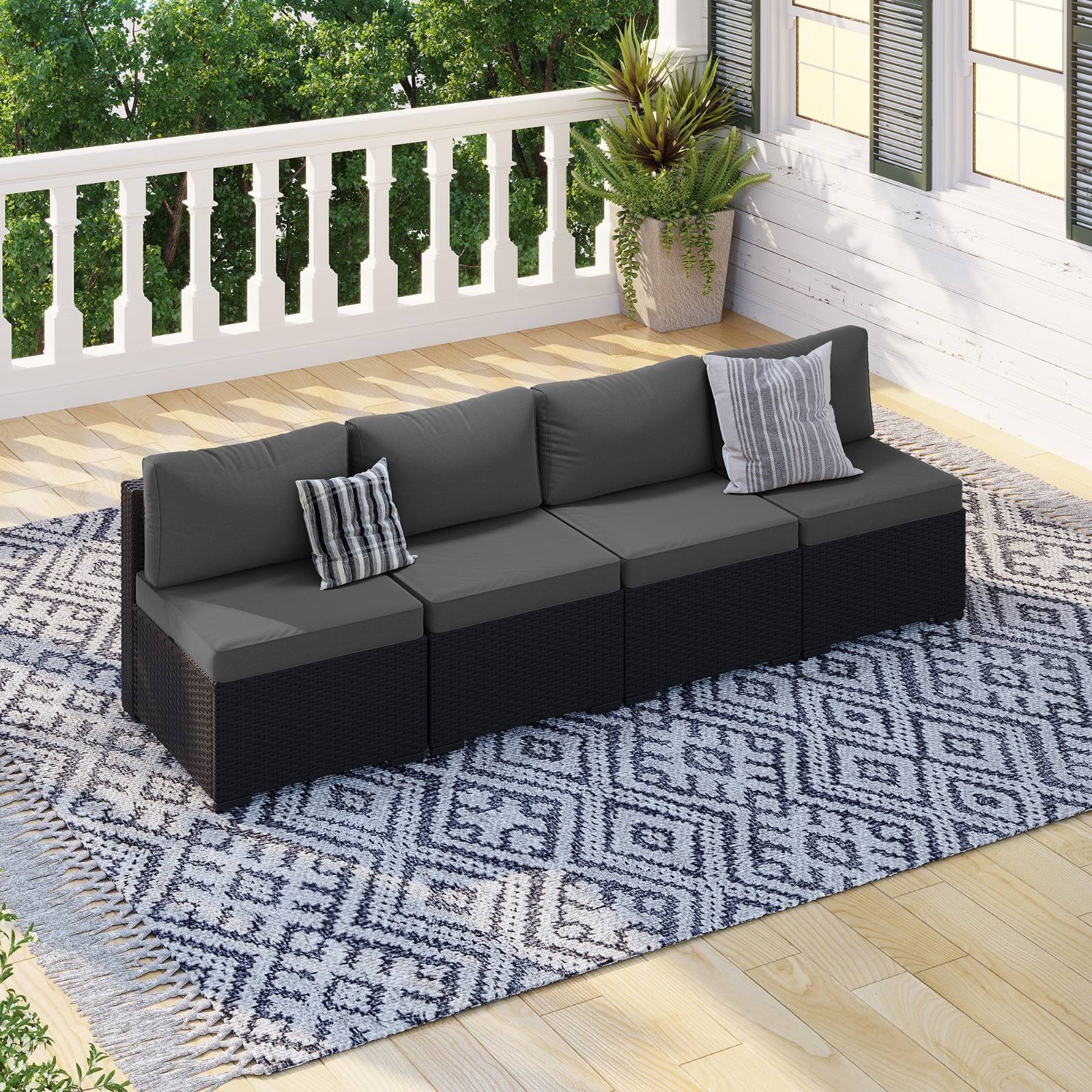 4-Piece Black Rattan Sofa Set with Drak Gray Cushions