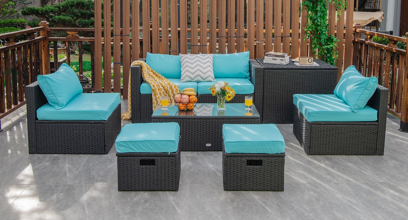 Patiojoy Patio 8PCS Rattan Furniture Set Storage Table Ottoman Turquoise