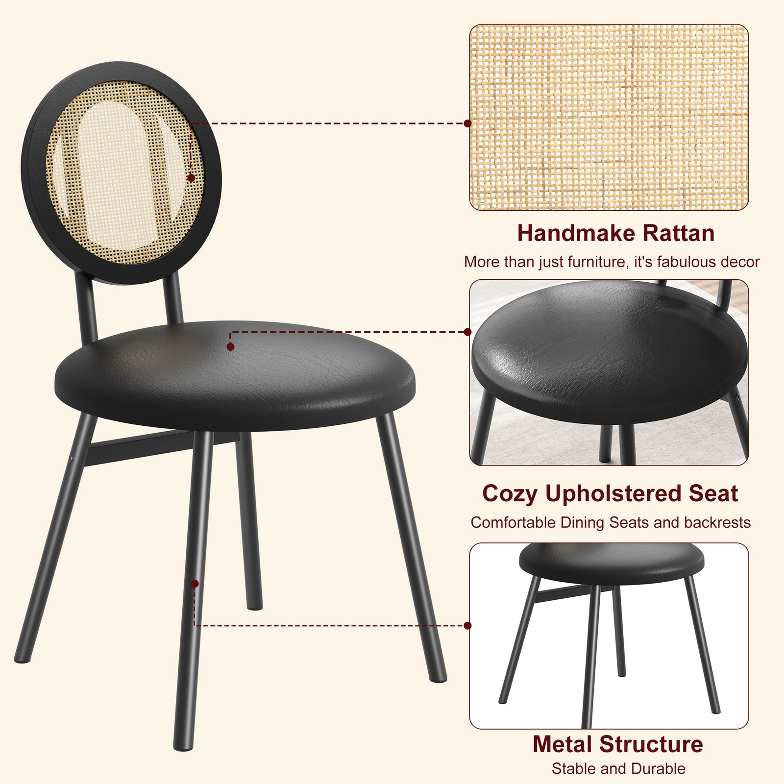 2/4 Pack Round Rattan Chairs Faux Leather Padded Seat Chairs for Dining Room US