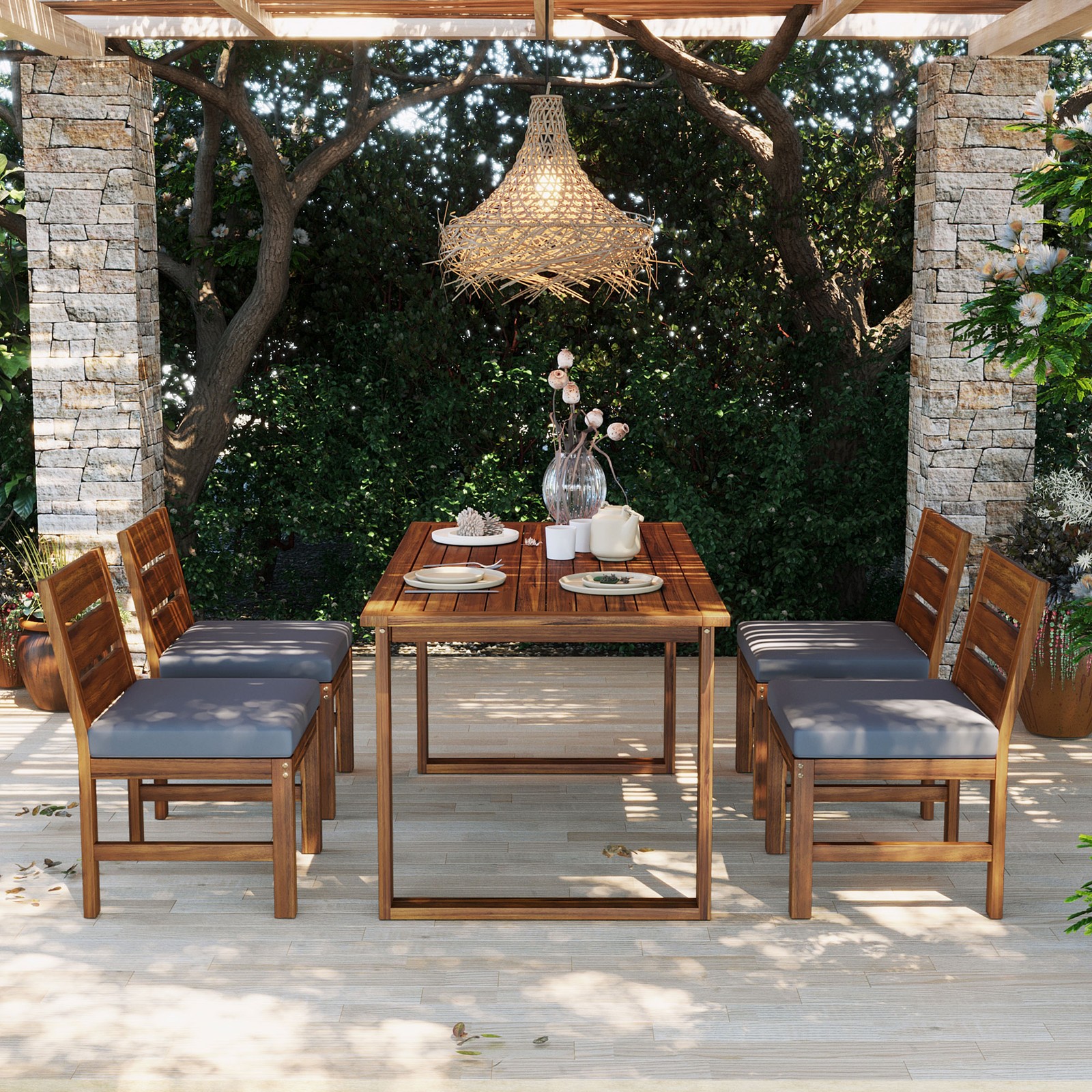 Acacia Wood Outdoor Dining Set for 4 with Cushions, Farmhouse Patio