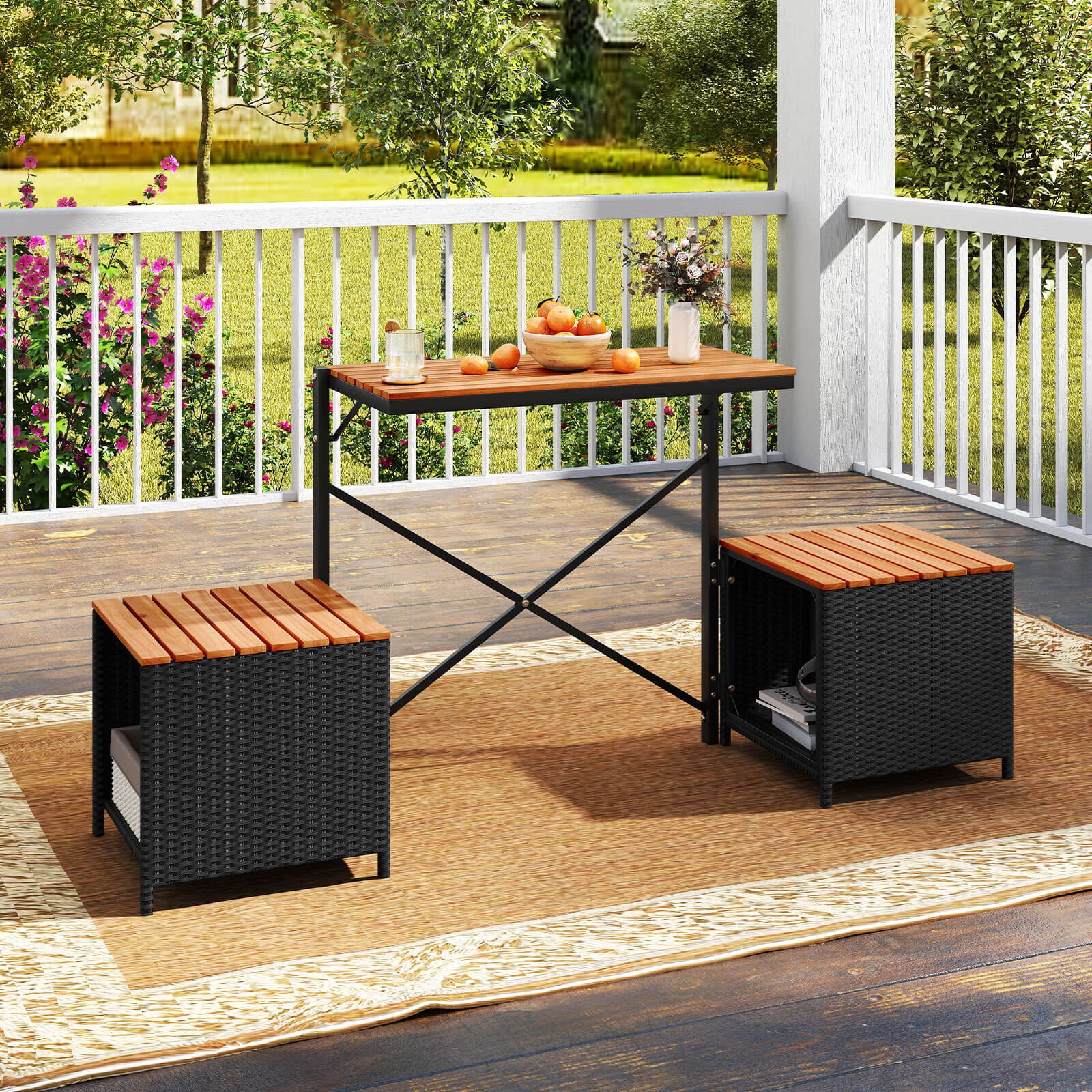2-in-1 Outdoor Convertible Bench w/Metal Frame PE Rattan Table and Chairs Set