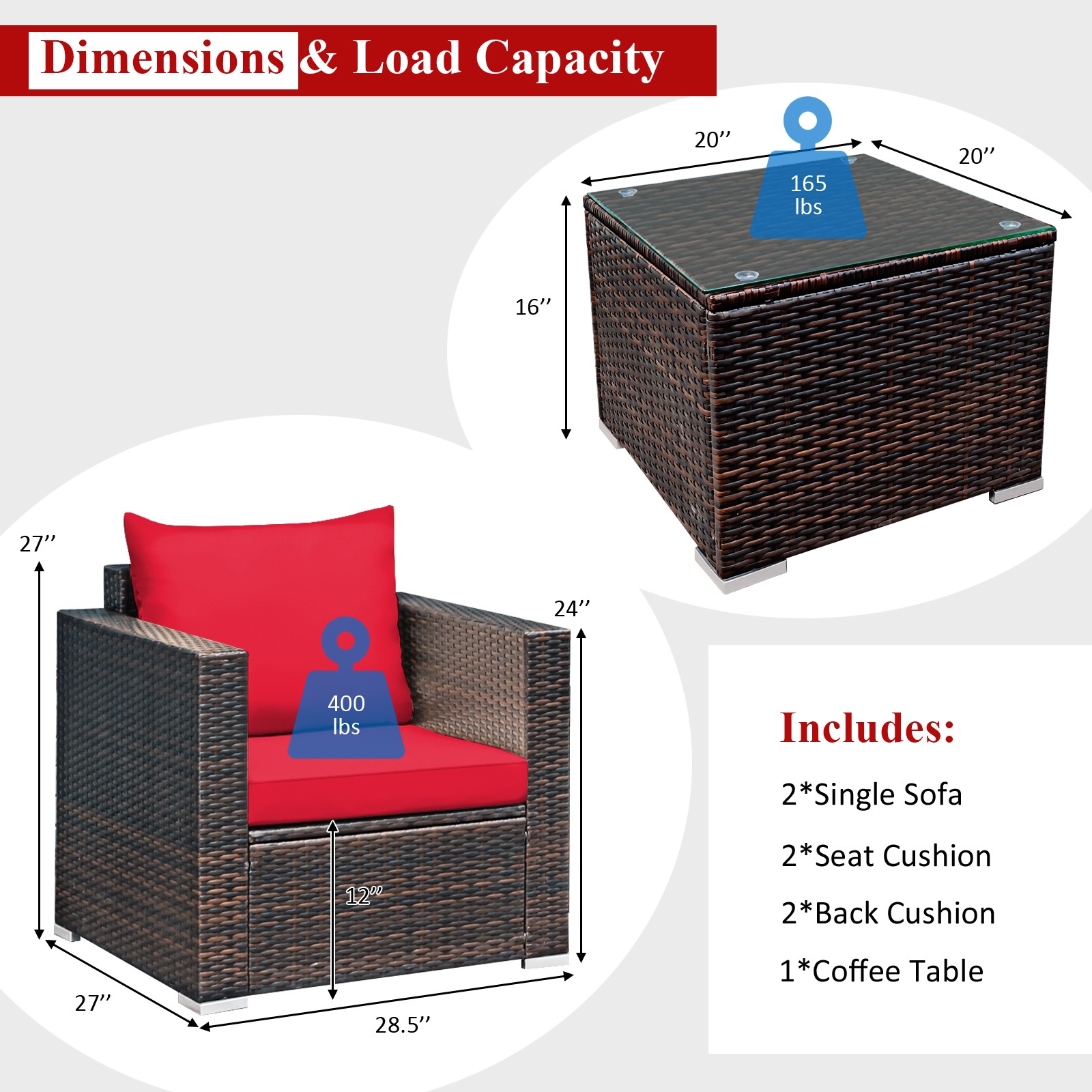 Patiojoy 3PCS Patio Rattan Furniture Set Conversation Sofa Cushioned Garden Red