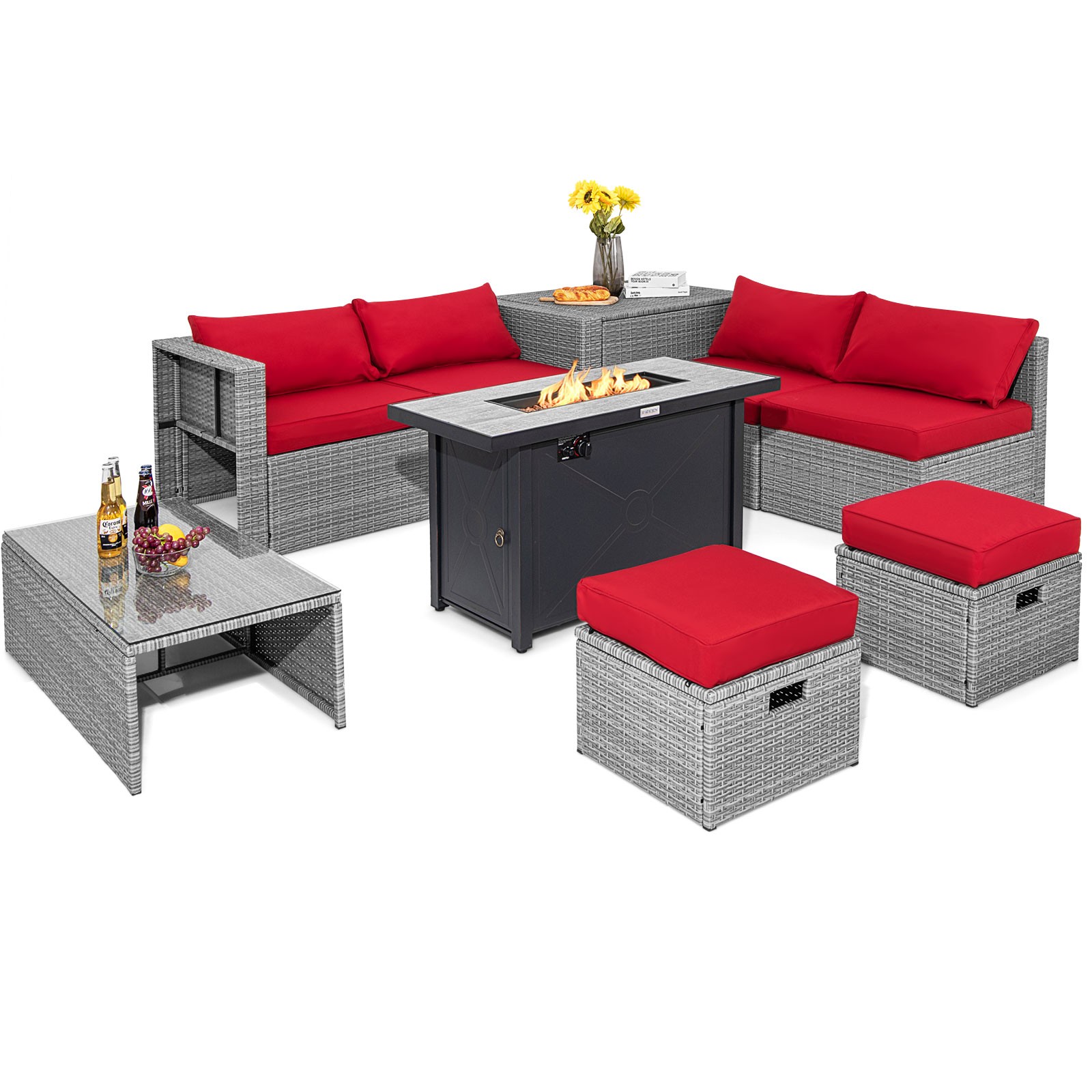 9 Pcs Patio Furniture Set 42 In 60000 BTU Fire Pit Red Wicker Sofa Sectional New
