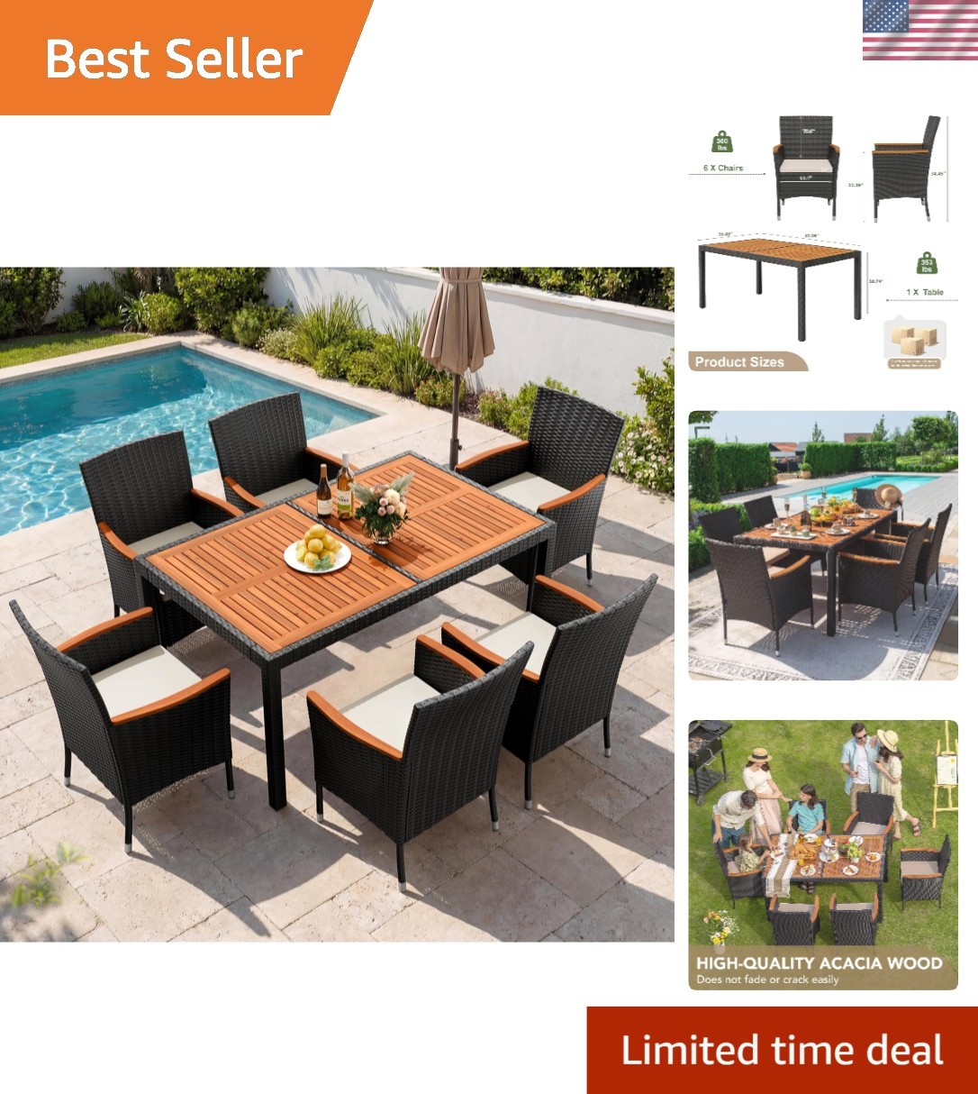 Comfortable 7 PCS Patio Dining Set with Acacia Wood Top & Hand-Woven Rattan