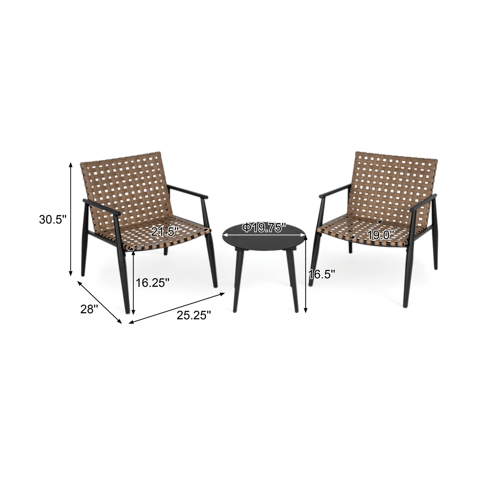 Modern Outdoor Chat Set: 2 PE Rattan Chairs + Black Steel & Glass Side Table
