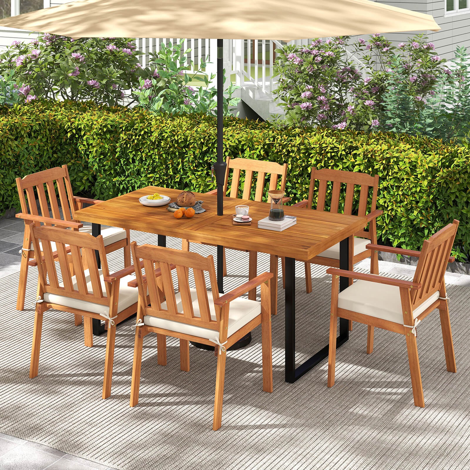 7PCS Patio Dining Table Set, 6 Acacia Wood Armchairs w/Umbrella Hole & 63” Table