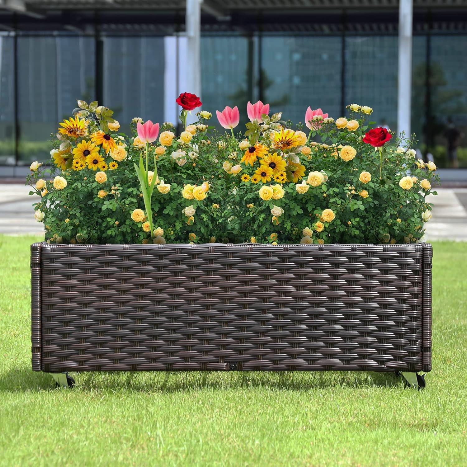 Raised Garden Bed with Wheels – Rattan Wicker Elevated Raised Garden Bed Outdoor