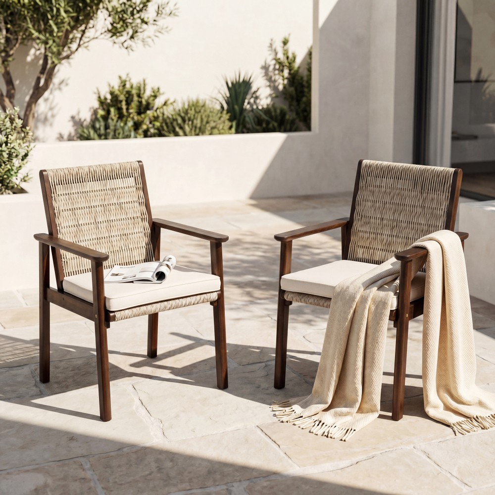 Outdoor Dining Chair, Acacia Wood & Wicker Rattan Woven Patio Chairs