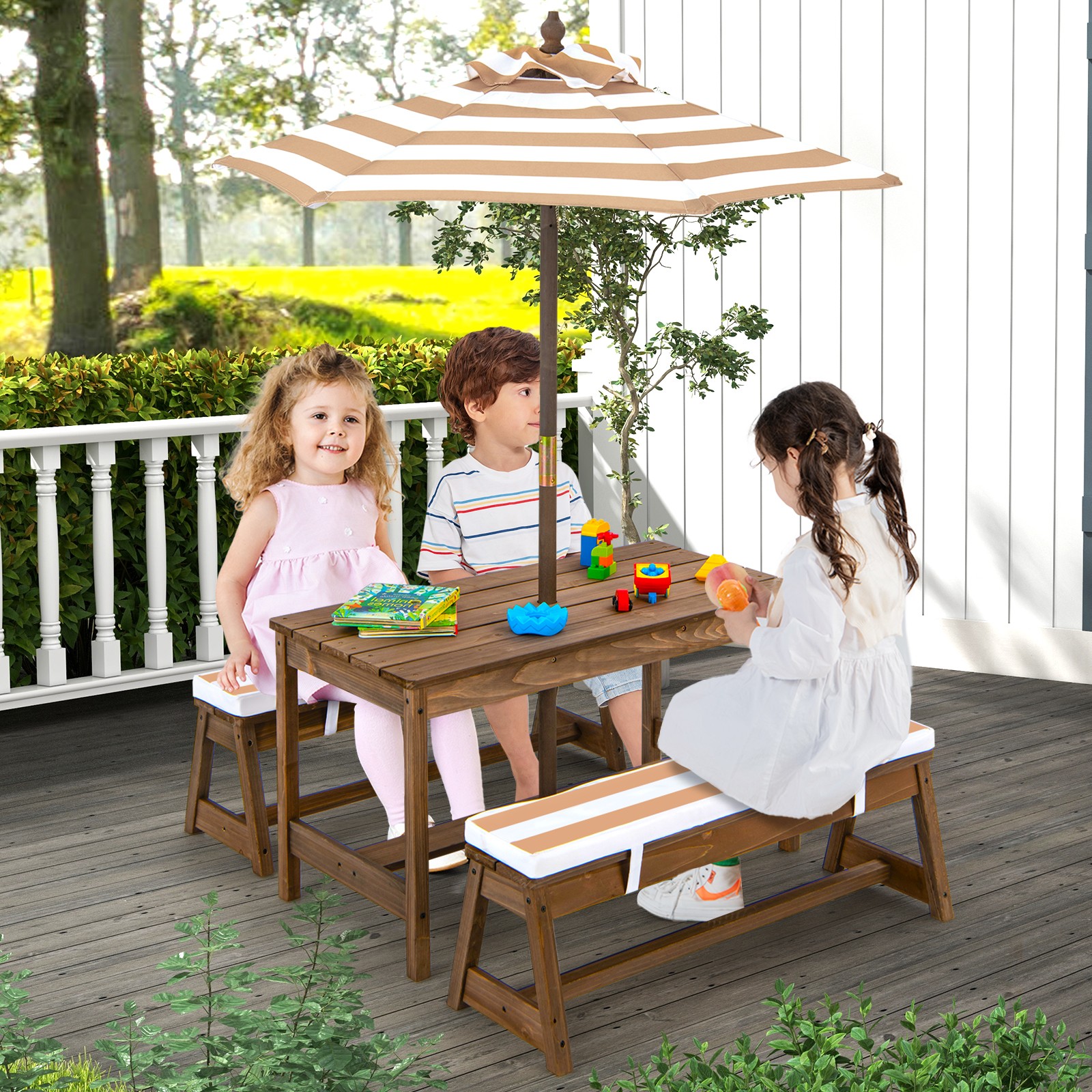Kids Wood Picnic Table and Bench Set w/ Cushions Umbrella for Indoor Outdoor