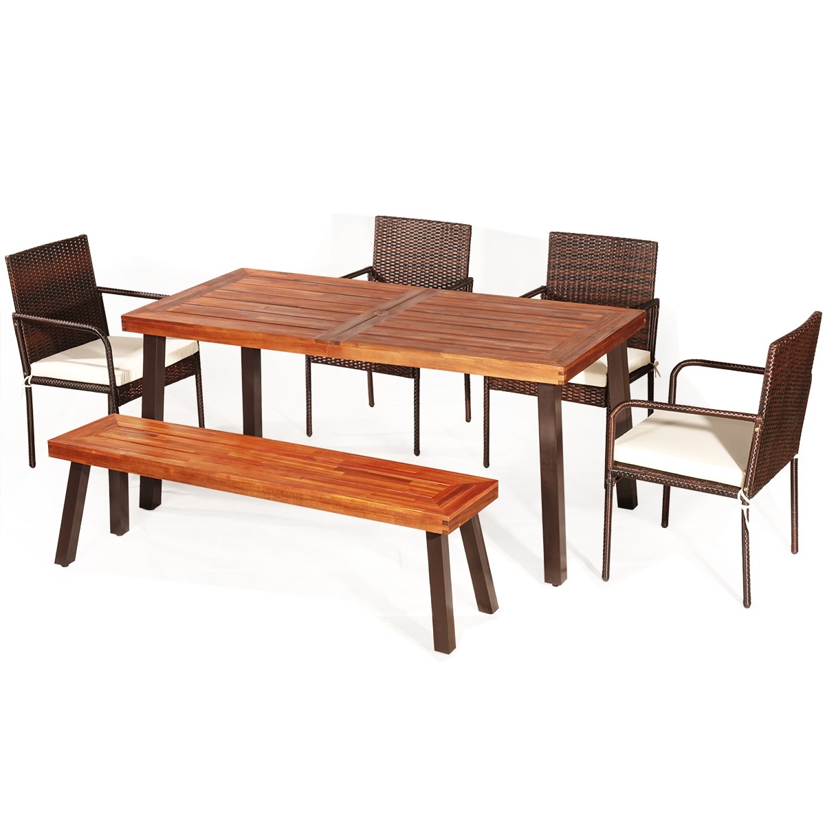 Patiojoy Patio 6PCS Rattan Dining Set Acacia Wood Tabletop Cushioned Chair