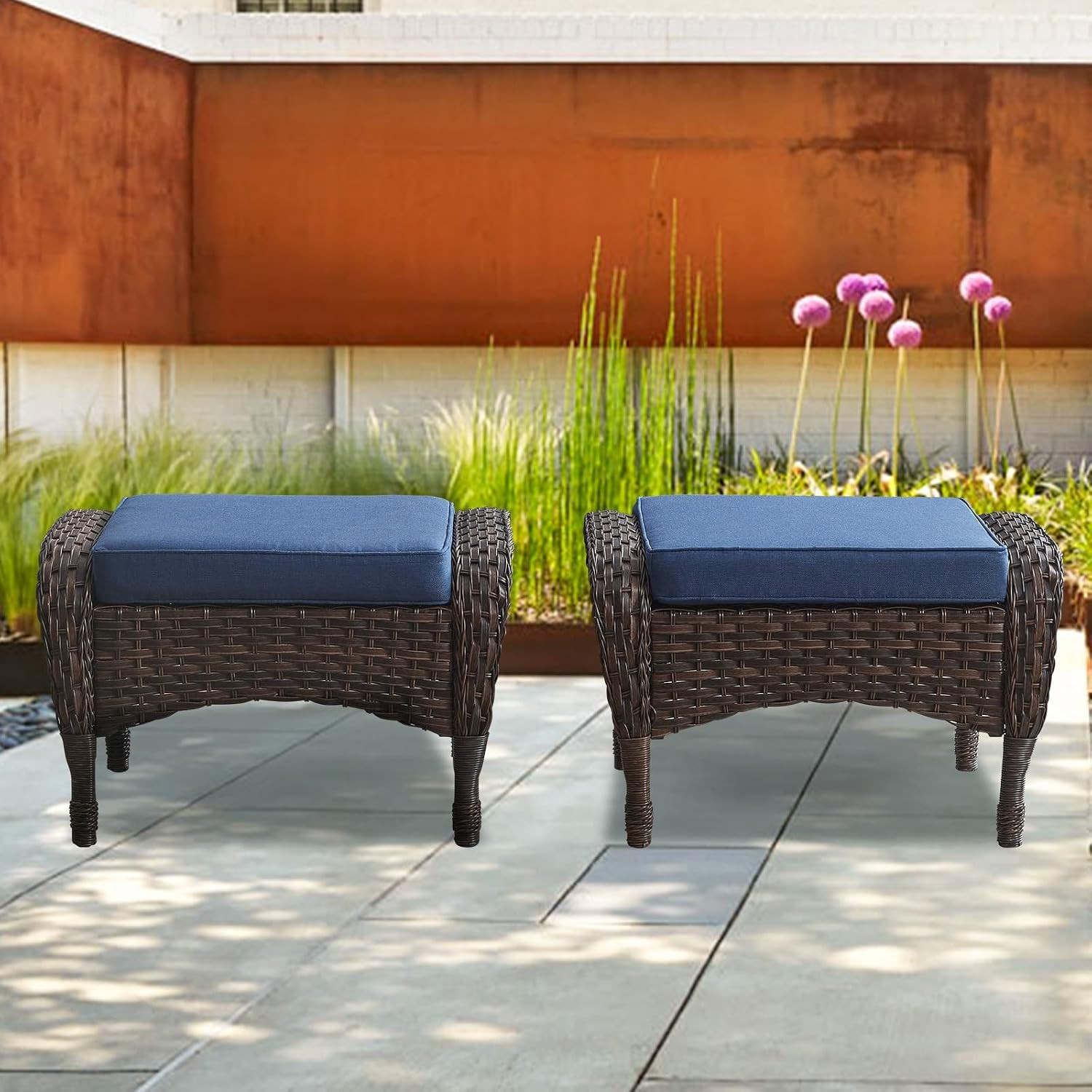 Outdoor Ottomans for Patio Foot Rest – 25 Inch PE Wicker Foot Stool Set of 2 wit