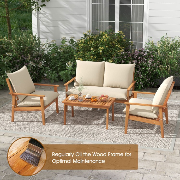 4 Pieces Patio Conversation Set Sofa Couch Outdoor Table Chairs W/ Soft Cushions