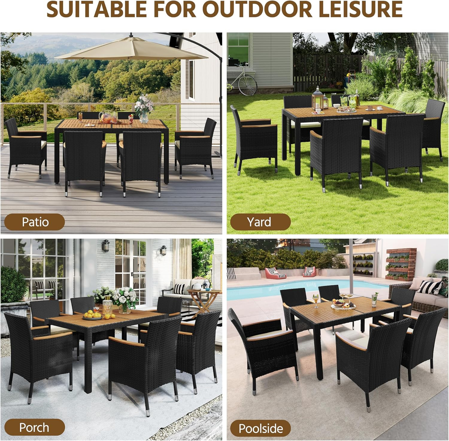 7 Piece Patio Furniture Set, Outdoor Dining Acacia Wood Table Top Rattan Convers