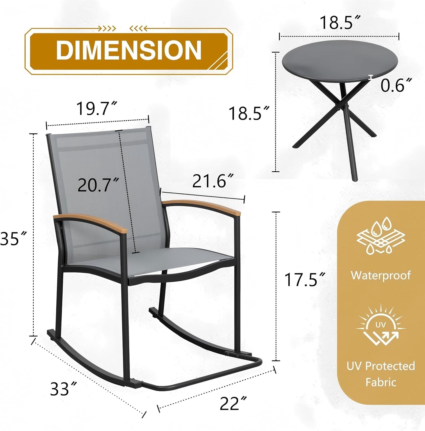 3-Piece Lightweight Outdoor Rocking Set in Elegant Gray – Perfect for Balconies