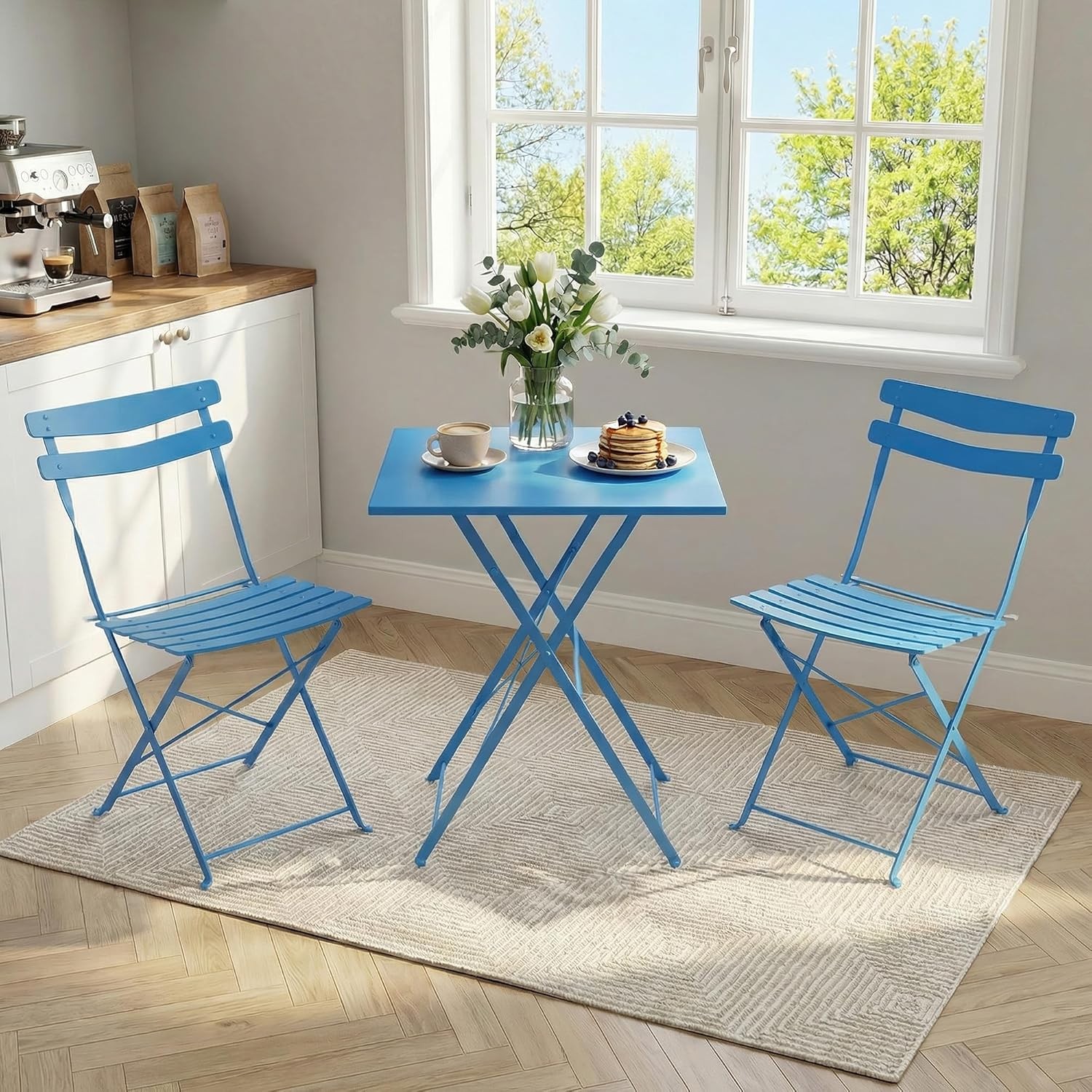 3-Piece Bistro Set Steel Frame Folding Patio Furniture w/ 2 Chair & Bistro Table